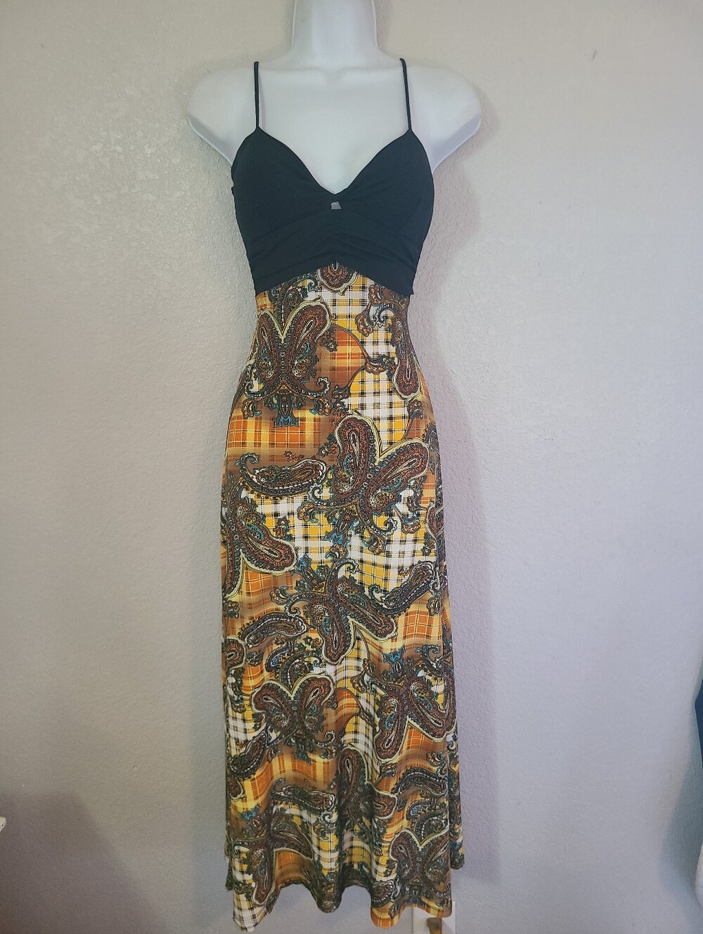 Black Bodice Spaghetti Strap Plaid & Paisley Print Maxi Dress Stretchy Sz Small